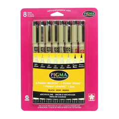 Sakura Pigma Micron, Brush and Graphic Markers - Set of 8, Black, Assorted Sizes